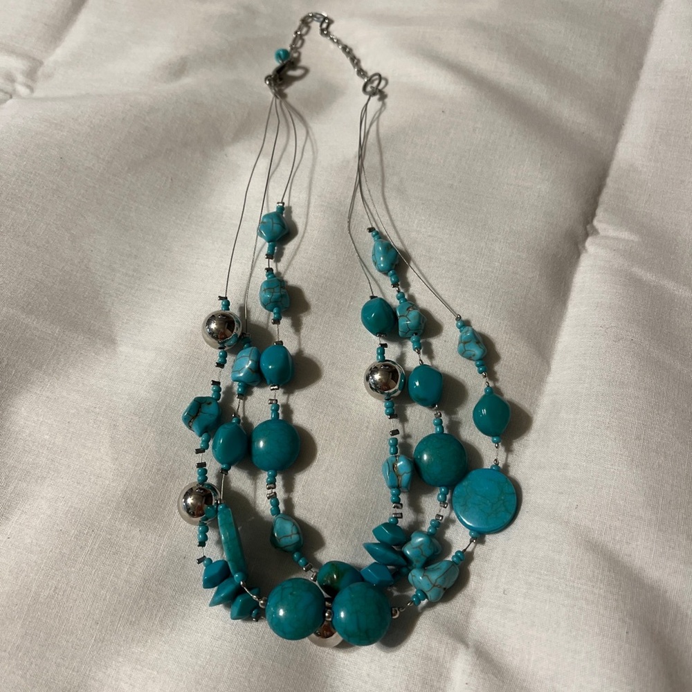 Chicos Triple Strand Faux Turquoise Filigree Chunky Beaded Statement Necklace